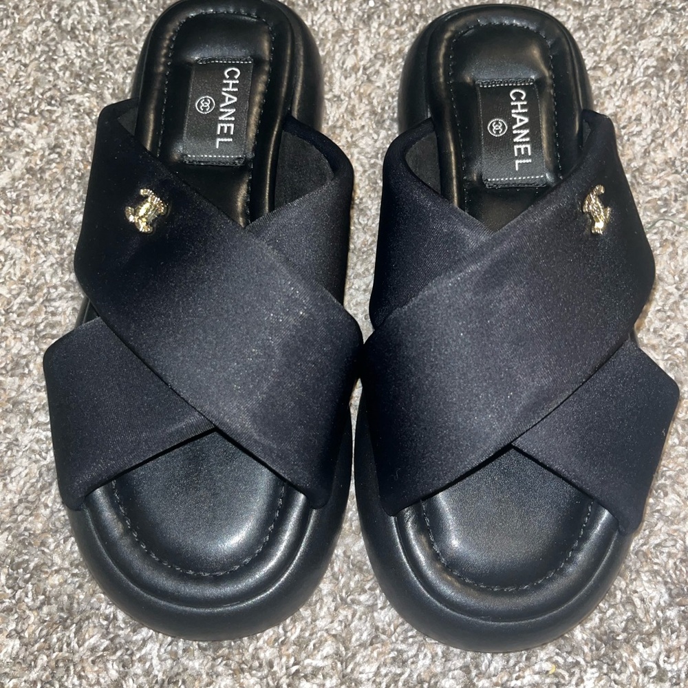 Authentic Chanel Black Slide Sandals